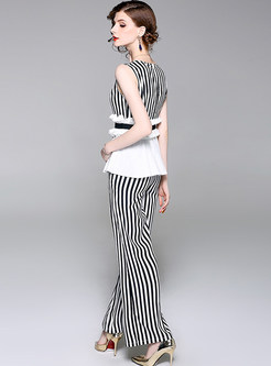 Striped Splicing Sleeveless Two-piece Outfits