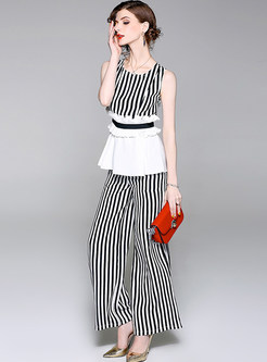 Striped Splicing Sleeveless Two-piece Outfits