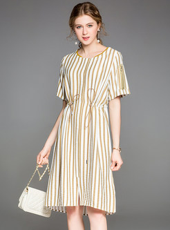 Yellow Striped Short Sleeve Skater Dress