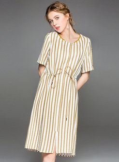 Yellow Striped Short Sleeve Skater Dress