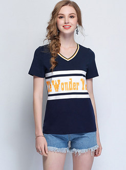 Casual V-neck Letter Pattern T-shirt