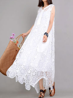 White Lace Ethnic Hollow Out Dress With Vest 