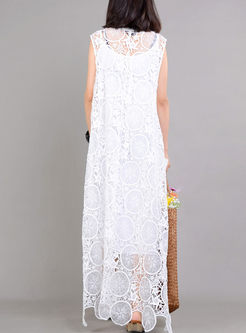 White Lace Ethnic Hollow Out Dress With Vest 