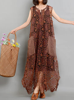 Coffee Lace Ethnic Hollow Out Dress With Vest 