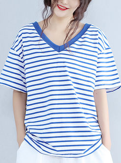 Fashion Blue Striped Short Sleeve T-shirt