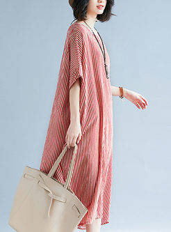 Casual Striped Cotton Plus Size Dress