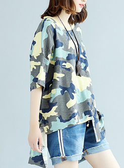 Fashion Asymmetric Camouflage Loose T-shirt 