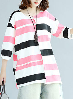 Casual Striped Splicing Plus Size T-shirt 
