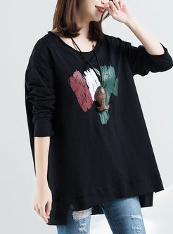 Black Print Casual Plus Size T-shirt