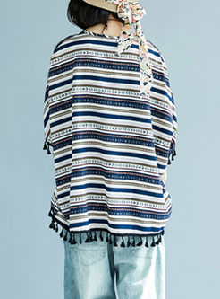 Casual Striped Fringed Plus Size T-shirt 