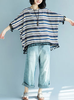 Casual Striped Fringed Plus Size T-shirt 