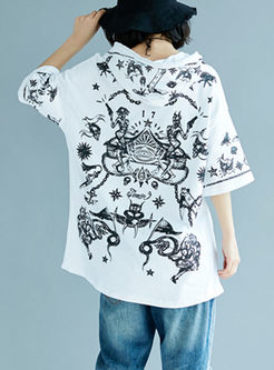 White Fashion Print Hooded Cotton T-shirt 