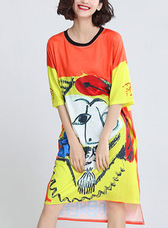 Casual Round Neck Print Cotton T-shirt Dress