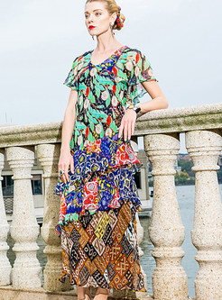 Floral Print Silk Asymmetric Maxi Dress