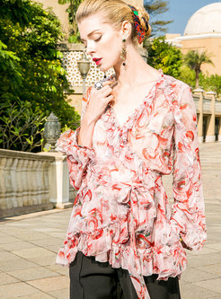 Sweet Silk Floral Print V-neck Blouse