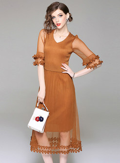 Brown V-neck Mesh Perspective Pleated Dress