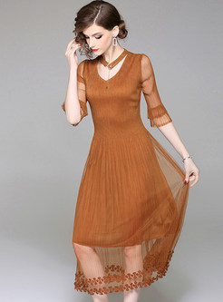 Chic Mesh See Through Pleated Dress