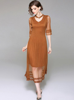 Chic Mesh See Through Pleated Dress