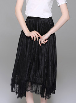 Black Mesh Stitching Lacing Pleated Skirt