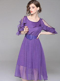 Purple Belted Chiffon Skater Dress