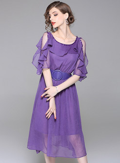 Purple Belted Chiffon Skater Dress