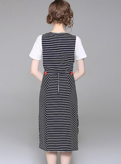 White Round Neck T-shirt & Striped Sleeve Skater Dress