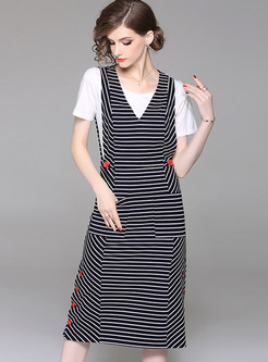 White Round Neck T-shirt & Striped Sleeve Skater Dress