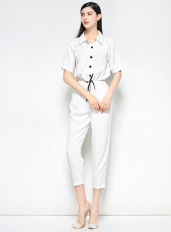 White Short Sleeve Lacing Jumpsuits