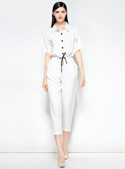 White Short Sleeve Lacing Jumpsuits