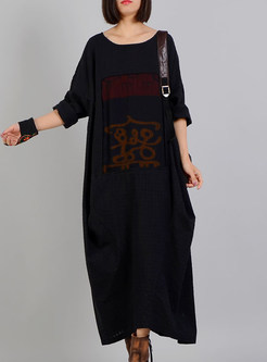 Black Print Stitching Asymmetric Maxi Dress