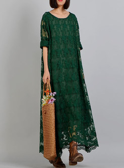 Green Lace Hollow Out Maxi Dress