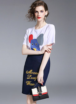 Cute Pattern T-shirt & Letter Embroidered Skirt