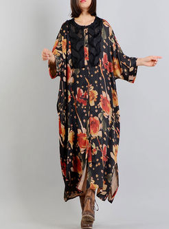 Ethnic Silk Flower Print Long Coat 