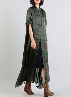 Green Silk Stand Collar Vintage Long Coat Without Camis