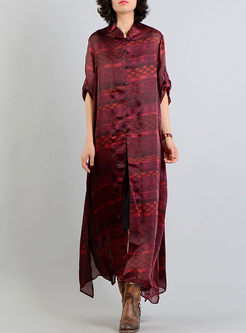 Red Silk Stand Collar Vintage Long Coat Without Camis