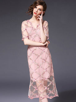 Elegant Mesh Embroidery Split Dress