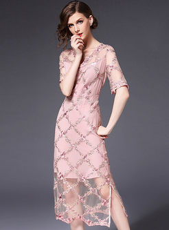 Elegant Mesh Embroidery Split Dress