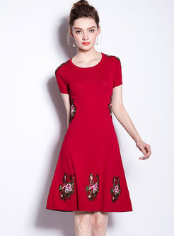 Red Elegant Embroidered Skater Dress