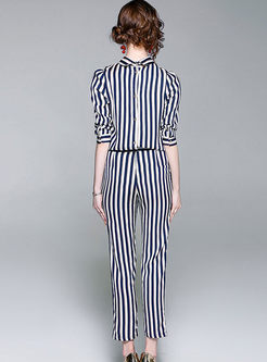 Fashion Lapel Striped Zip-up Jumpsuit