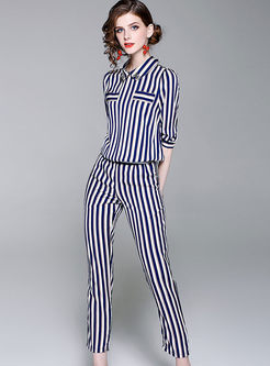 Fashion Lapel Striped Zip-up Jumpsuit