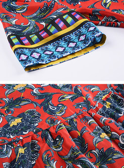 Ethnic V-neck Silk Print Skater Dress