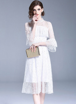 White Lace Stand Collar Midi Dress