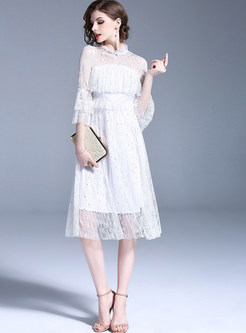 White Lace Stand Collar Midi Dress
