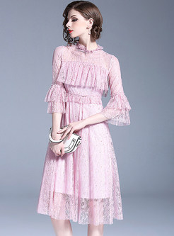 Pink Stringy Selvedge Ruffle Sleeve Midi Dress