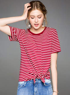 Red Striped Slit Lacing T-shirt