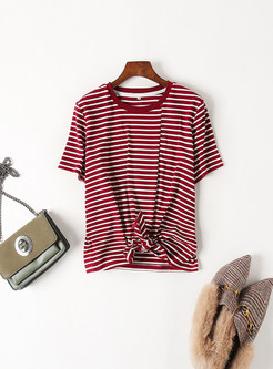 Red Striped Slit Lacing T-shirt