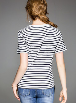 White Striped Tied Round Neck T-shirt