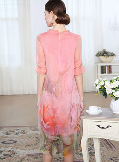 Pink Silk Gauze Print Shift Dress