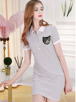 Striped Cute Cat Lapel T-shirt Dress