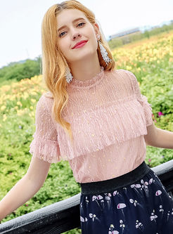 Pink Sweet Lace Hollow Out Blouse